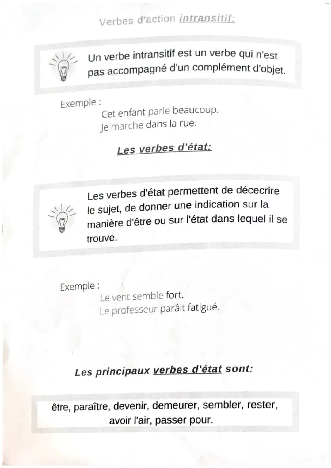 Verbes d'action et verbes d'état
On classe les verbes en deux catégories:
Les verbes d'action et les verbes d'état.
Exemple:
Les verbes d'ac