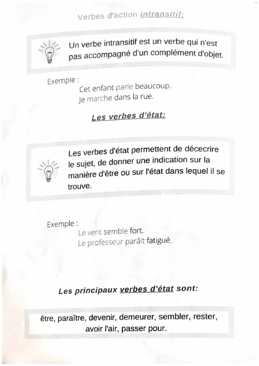 Verbes d'action et verbes d'état
On classe les verbes en deux catégories:
Les verbes d'action et les verbes d'état.
Exemple:
Les verbes d'ac