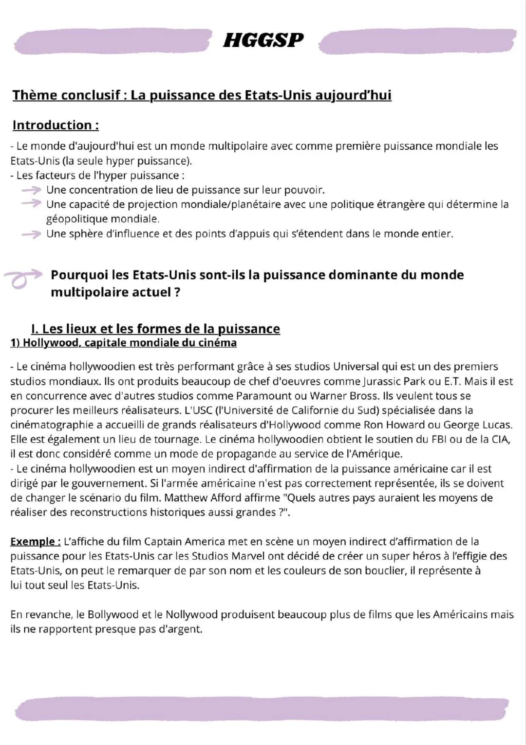 HGGSP
Thème conclusif : La puissance des Etats-Unis aujourd'hui
Introduction :
- Le monde d'aujourd'hui est un monde multipolaire avec comme