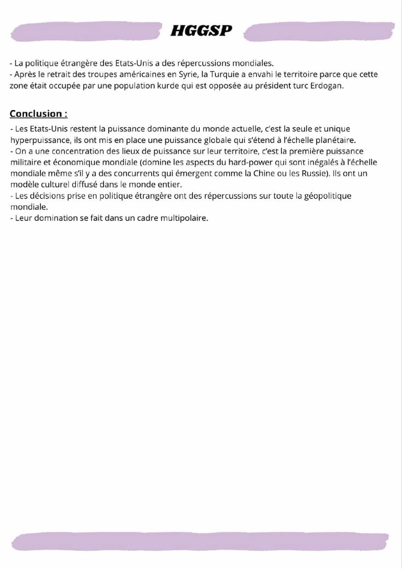 HGGSP
Thème conclusif : La puissance des Etats-Unis aujourd'hui
Introduction :
- Le monde d'aujourd'hui est un monde multipolaire avec comme
