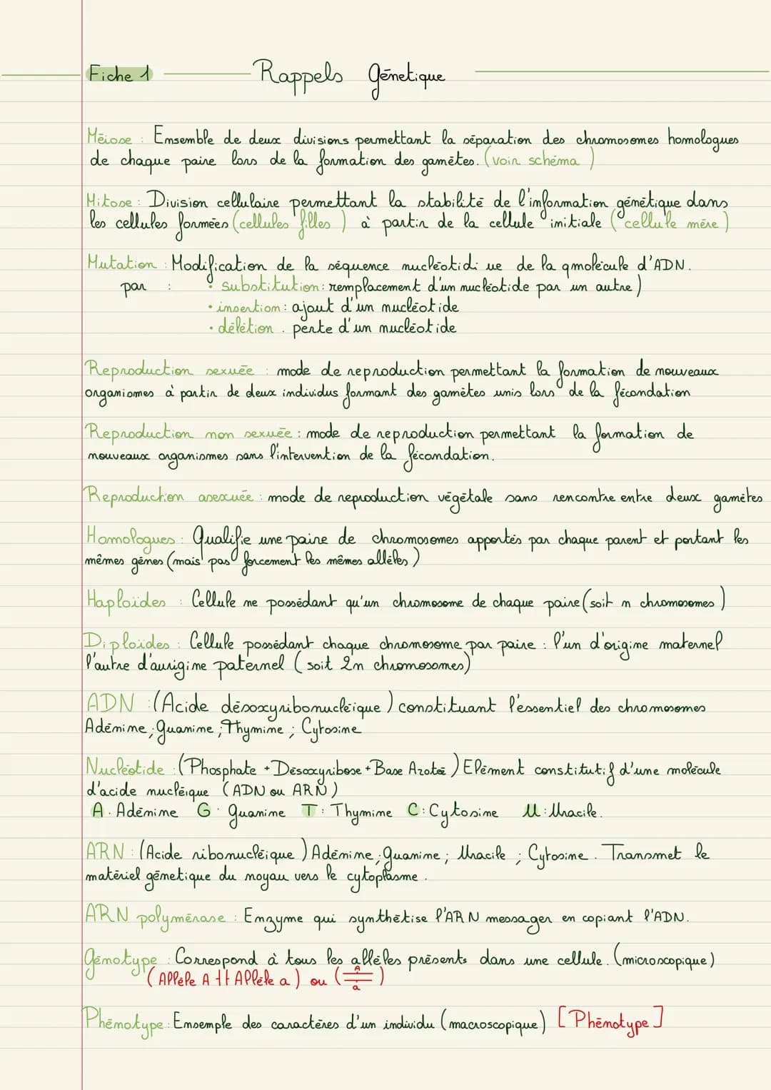 -Rappels genetique
Meiose Ensemble de deux divisions permettant la séparation des chromosomes.
de chaque paire lors de la formation des gamè