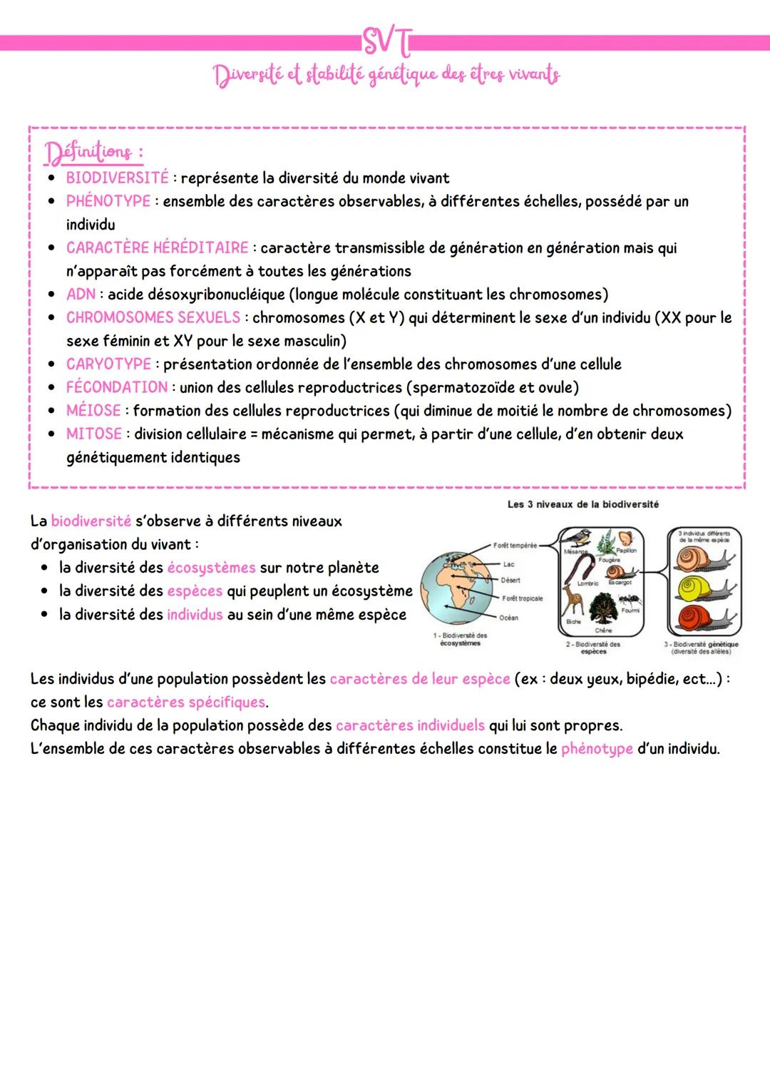 --- OCR Start ---
Définitions:
SVT
Diversité et stabilité génétique des êtres vivants
• BIODIVERSITÉ: représente la diversité du monde vivan