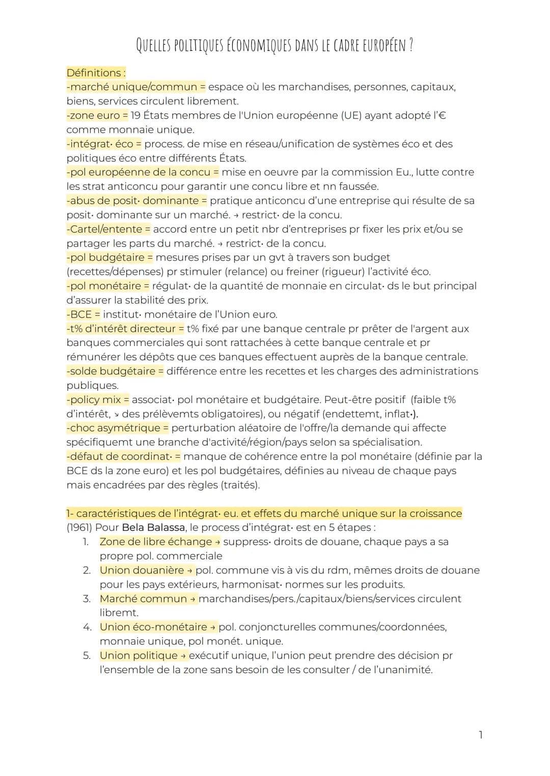 QUELLES POLITIQUES ÉCONOMIQUES DANS LE CADRE EUROPÉEN ?
Définitions :
-marché unique/commun = espace où les marchandises, personnes, capitau
