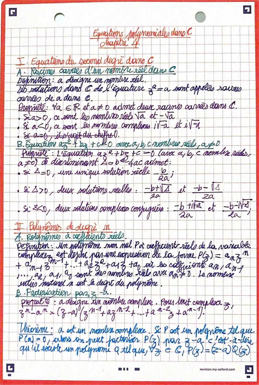 # Equations polynomiales dans C
chapitre 4.

I. Equations du second degre dano C

A. Racines cavrees d'un nombre réel dan C

Definition: a d