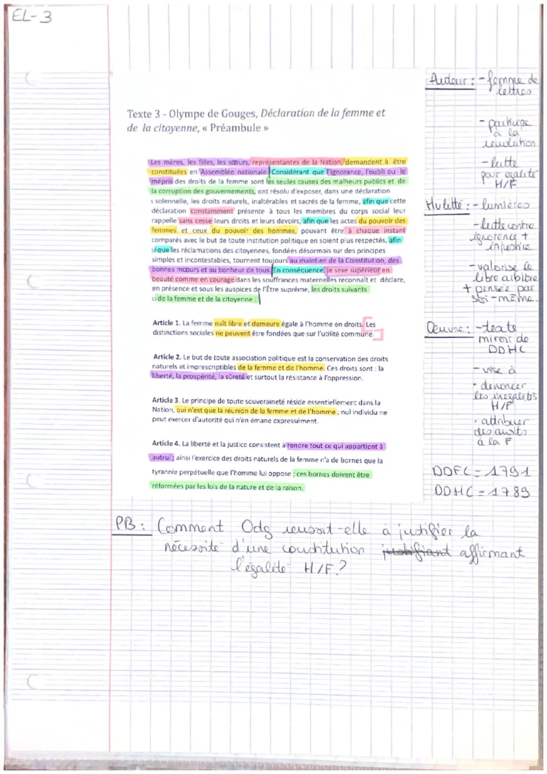 EL-3
Texte 3 - Olympe de Gouges, Déclaration de la femme et
de la citoyenne,«< Préambule >>
Les mères, les filles, les sœurs, représentantes
