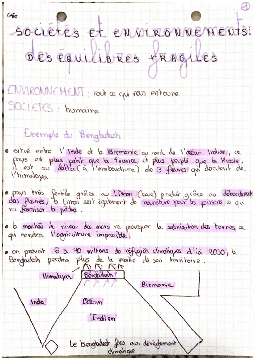 Geo
SOCIETES et ENVIRONNEMENts:
des équilibres fragiles
A
ENVIRONNEMENT: tout ce qui nous entoure
SOCIETES humains.
Exemple du Bengladesh
• 