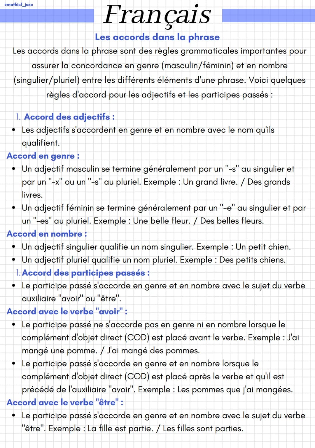 emathisf_jsxc
Français
Les accords dans la phrase
Les accords dans la phrase sont des règles grammaticales importantes pour
assurer la conco