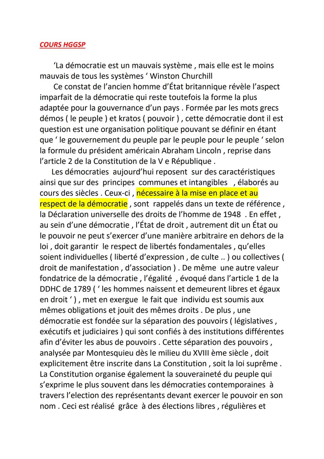 COURS HGGSP
'La démocratie est un mauvais système, mais elle est le moins
mauvais de tous les systèmes 'Winston Churchill
Ce constat de l'an