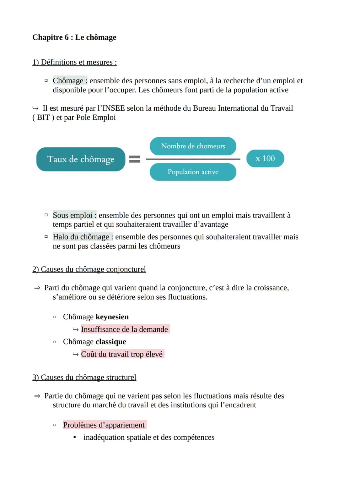 Chapitre 6: Le chômage
1) Définitions et mesures :
□ Chômage: ensemble des personnes sans emploi, à la recherche d'un emploi et
disponible p