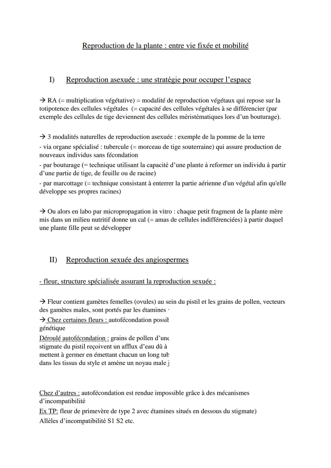 Reproduction de la plante: entre vie fixée et mobilité
I) Reproduction asexuée : une stratégie pour occuper l'espace
→ RA (= multiplication 