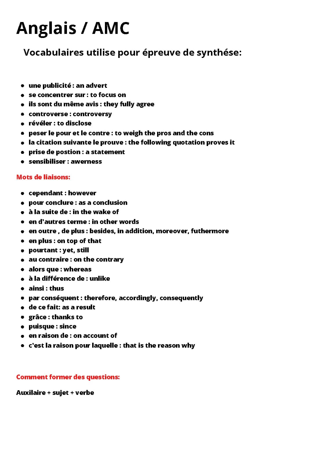 Synthèse complète de vocabulaire en anglais