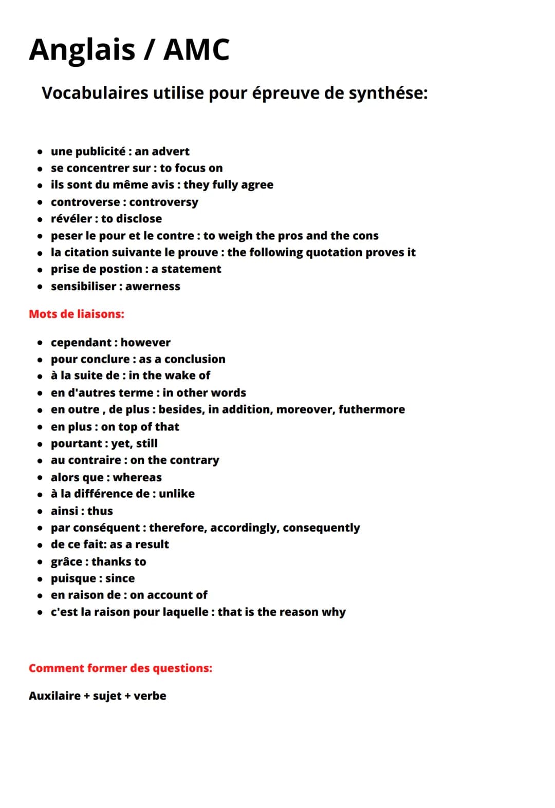 Anglais / AMC
Vocabulaires utilise pour épreuve de synthése:
● une publicité : an advert
● se concentrer sur : to focus on
• ils sont du mêm