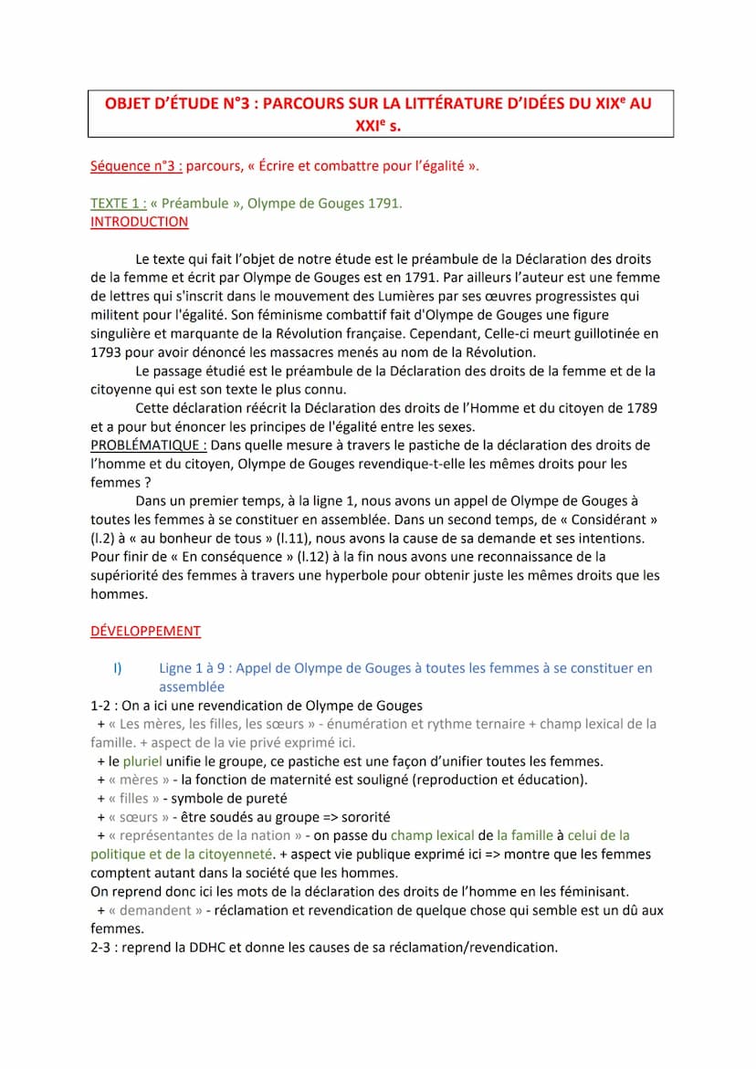 OBJET D'ÉTUDE N°3 : PARCOURS SUR LA LITTÉRATURE D'IDÉES DU XIXe AU
XXIe s.
Séquence n°3: parcours, « Écrire et combattre pour l'égalité ».
T