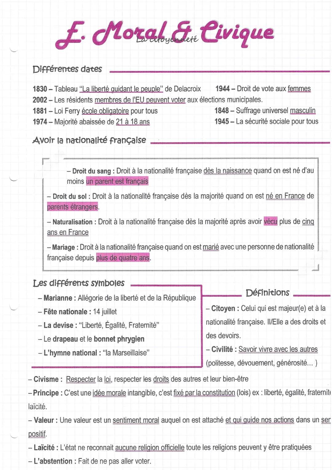 # F. Moral & Civique

Différentes dates

1830-Tableau "La liberté guidant le peuple" de Delacroix 1944-Droit de vote aux femmes

2002-Les ré