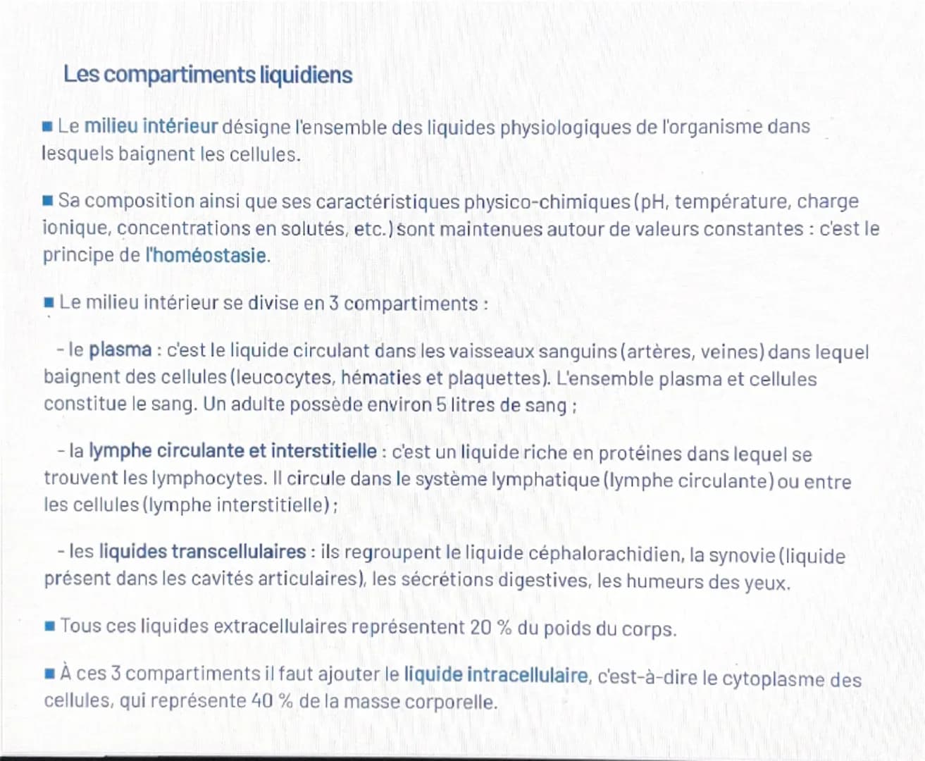 Les compartiments liquidiens
■Le milieu intérieur désigne l'ensemble des liquides physiologiques de l'organisme dans
lesquels baignent les c