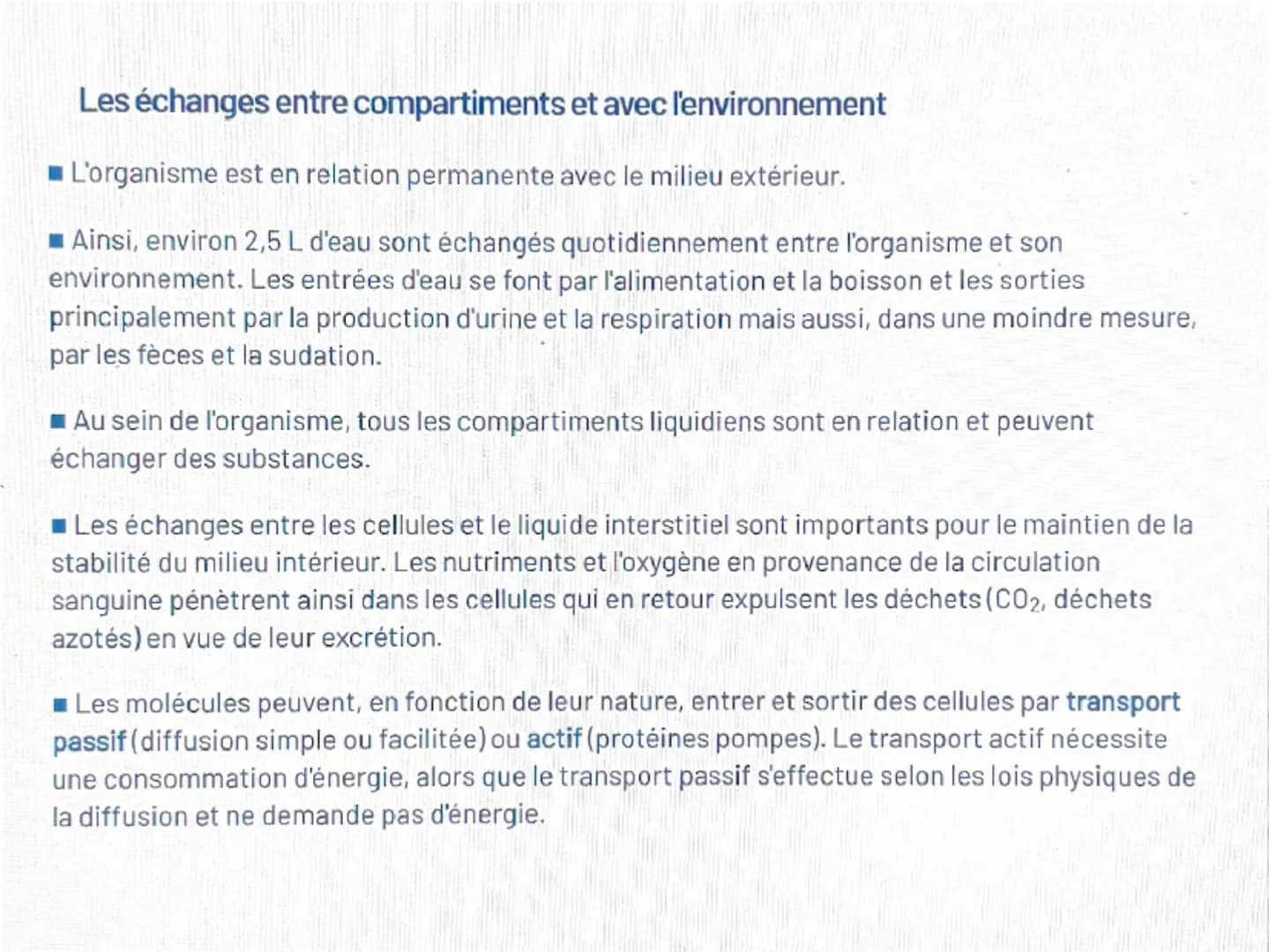 Les compartiments liquidiens
■Le milieu intérieur désigne l'ensemble des liquides physiologiques de l'organisme dans
lesquels baignent les c