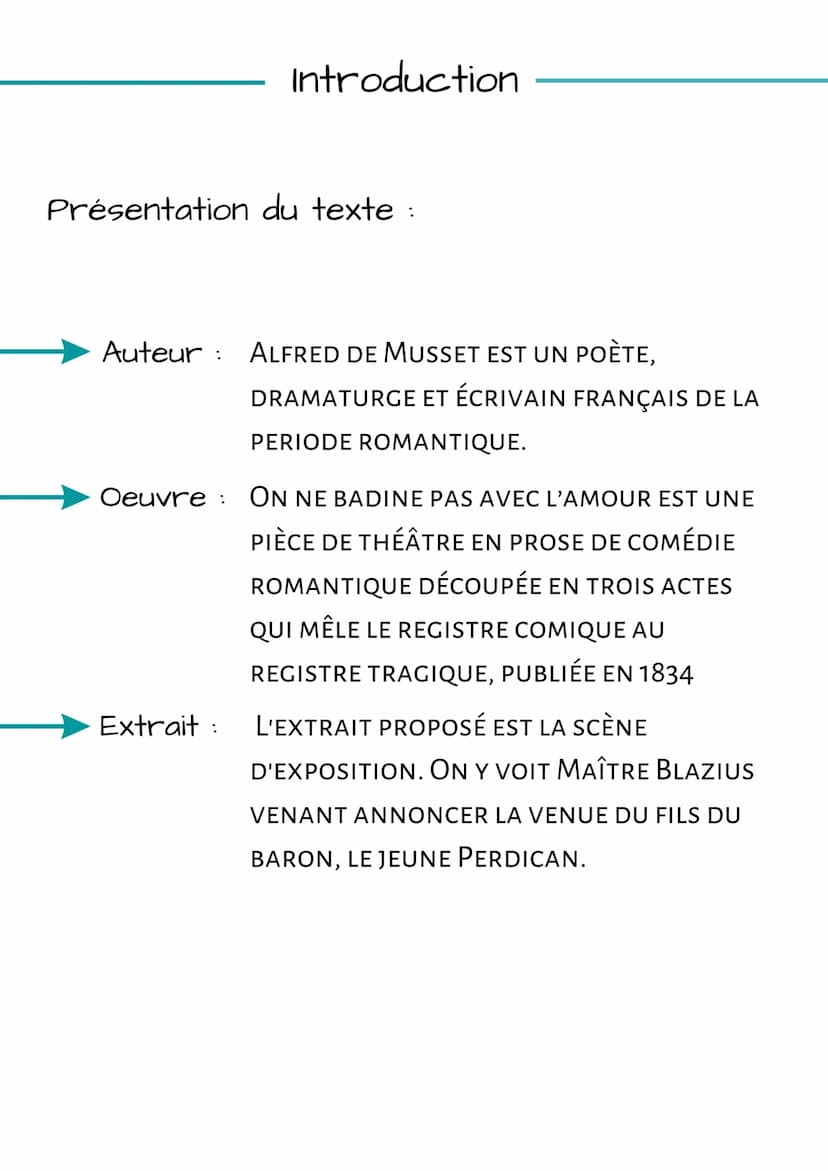 Français
Analyse linéaire :
On ne Badine pas avec l'amour
Sommaire
• Texte
• Introduction
• Auteur
• Oeuvre
• Extrait
Mouvements
Problématiq