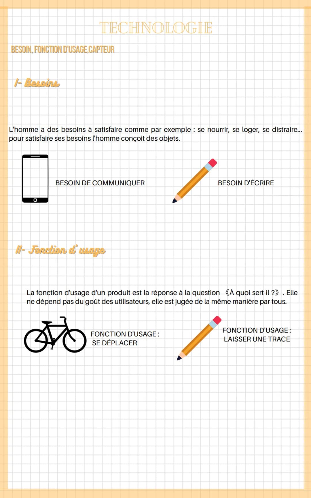 TECHNOLOGIE
BESOIN, FONCTION D'USAGE,CAPTEUR
1-Besoins
L'homme a des besoins à satisfaire comme par exemple: se nourrir, se loger, se distra