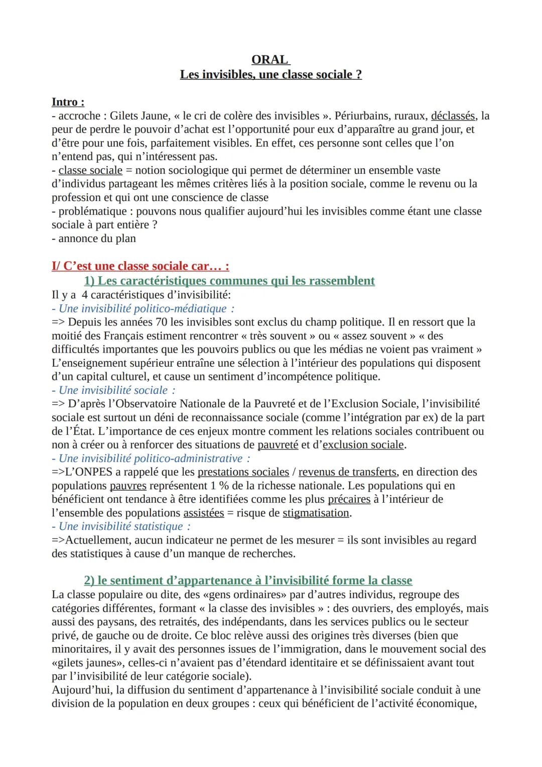 ORAL
Les invisibles, une classe sociale ?
Intro:
- accroche : Gilets Jaune, « le cri de colère des invisibles ». Périurbains, ruraux, déclas