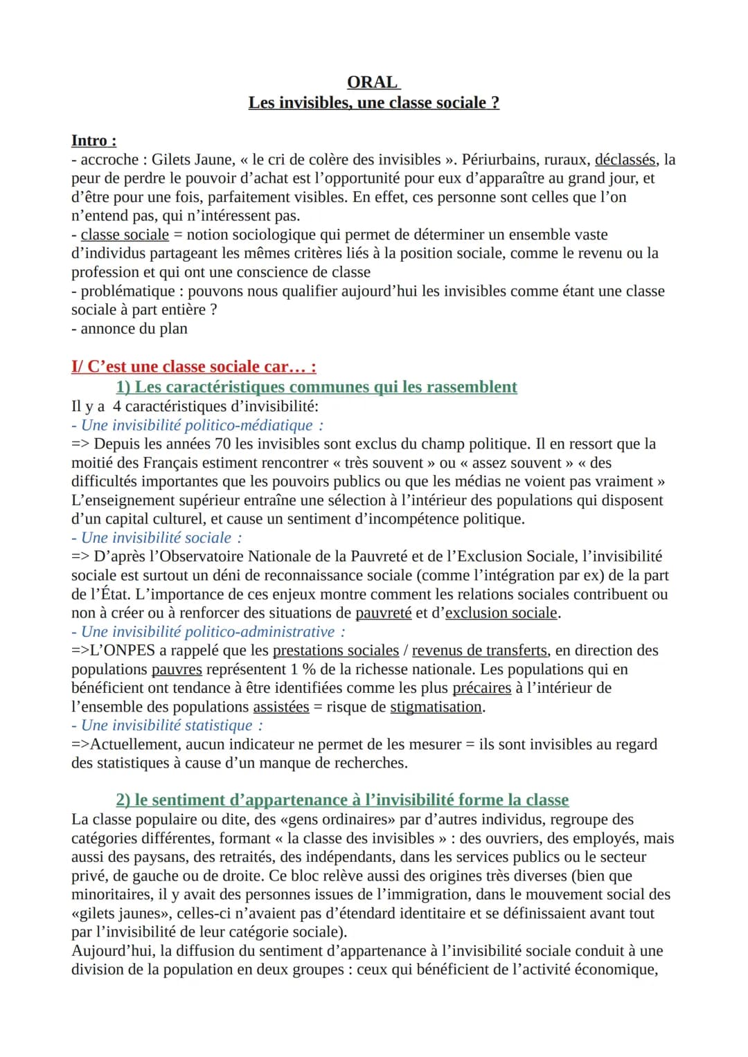 ORAL
Les invisibles, une classe sociale ?
Intro:
- accroche : Gilets Jaune, « le cri de colère des invisibles ». Périurbains, ruraux, déclas