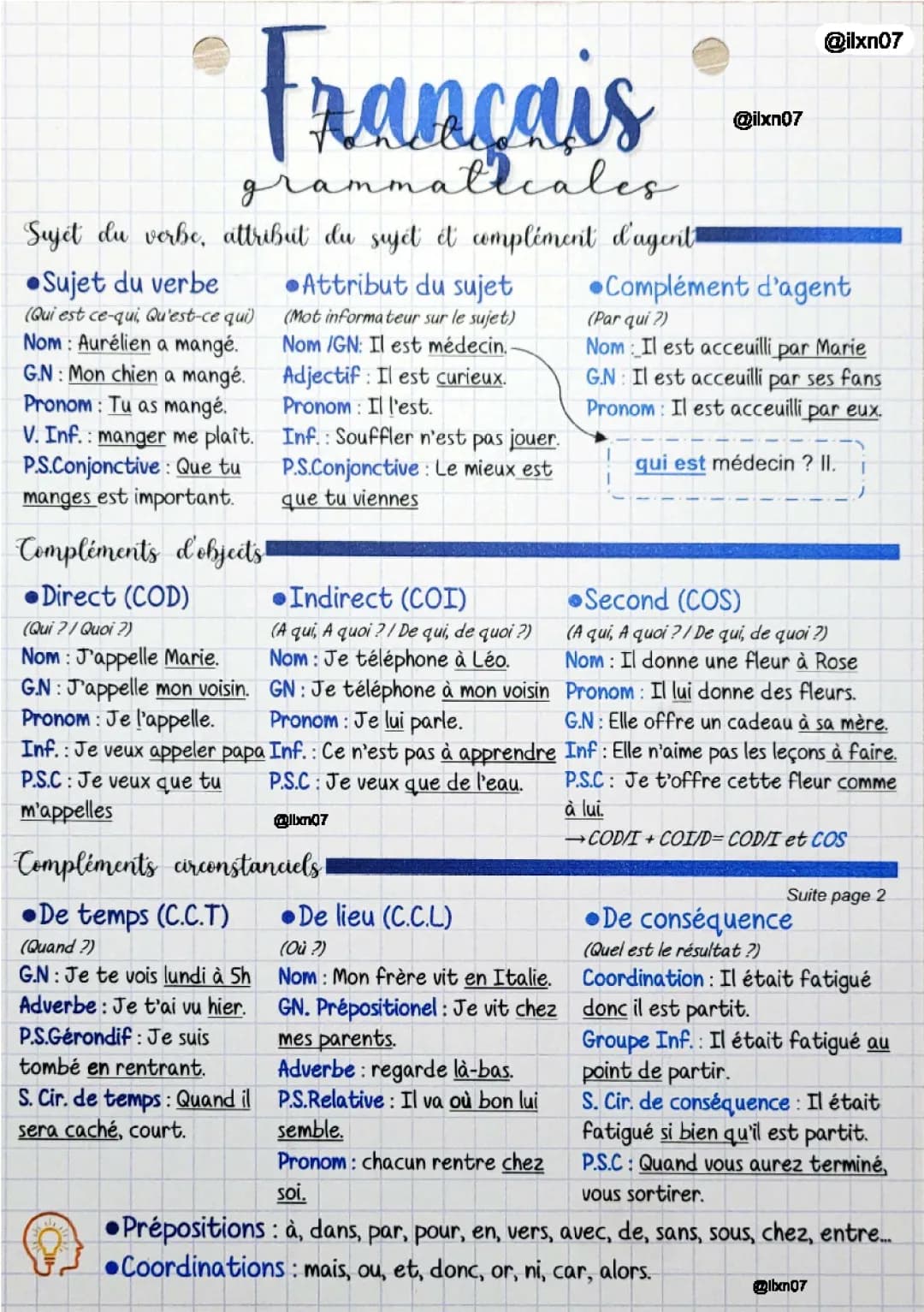 Fonctions grammaticales 3ème et 5ème - Exercices corrigés PDF et Liste Complète