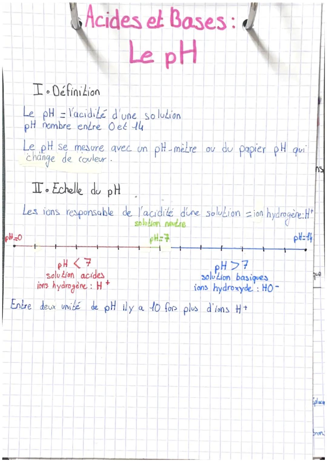 PH₂0
Acides et Bases:
Le pH
I
Définition
Le pH = l'acidité d'une solution
pH nombre entre 0 et 14.
Le pH se mesure avec un pH-mètre ou du pa