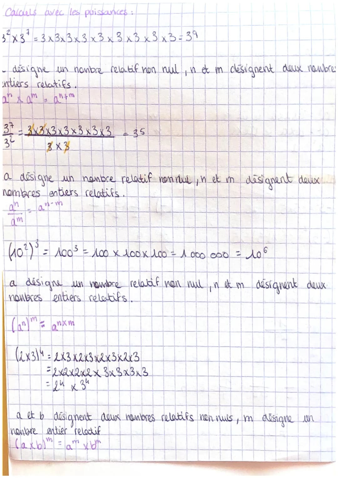 definition:
a designe un nombre relatif et n désigne un hombre entier supérieur
ou égal à 2 (n=2).
axaxax a
In factours
an est le facteurs é