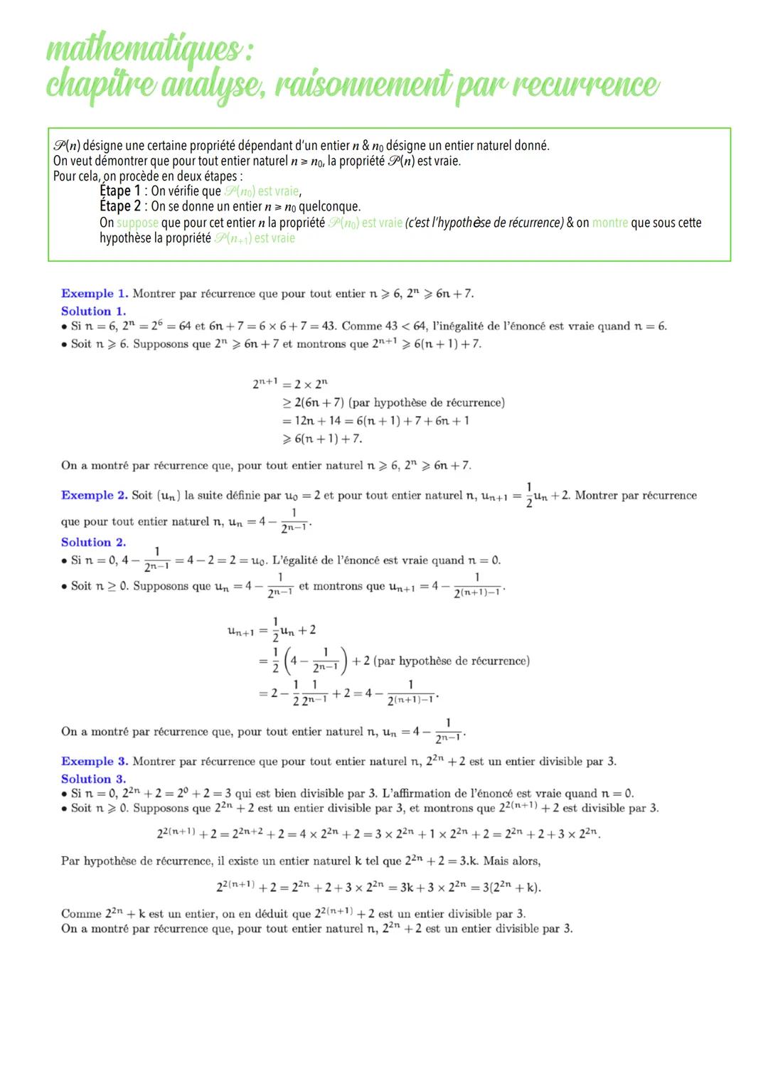 mathematiques:
chapitre analyse, raisonnement par recurrence
P(n) désigne une certaine propriété dépendant d'un entier n& no désigne un enti