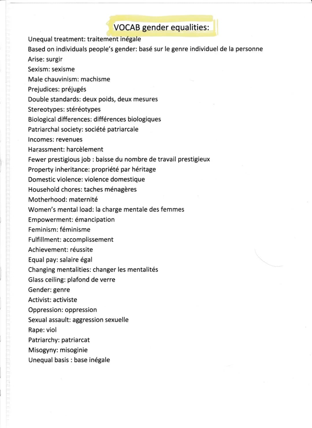 Unequal treatment: traitement inégale
Based on individuals people's gender: basé sur le genre individuel de la personne
Arise: surgir
Sexism