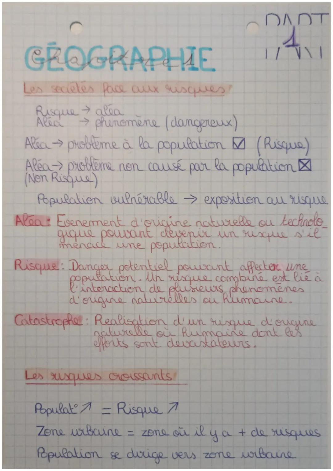 DADT
GEOGRAPHIE 1/711
Les sociétés face aux risques?
Risque → alea
Alea → phenomene (dangereux)
Alea → probleme à la population (Risque)
Ale