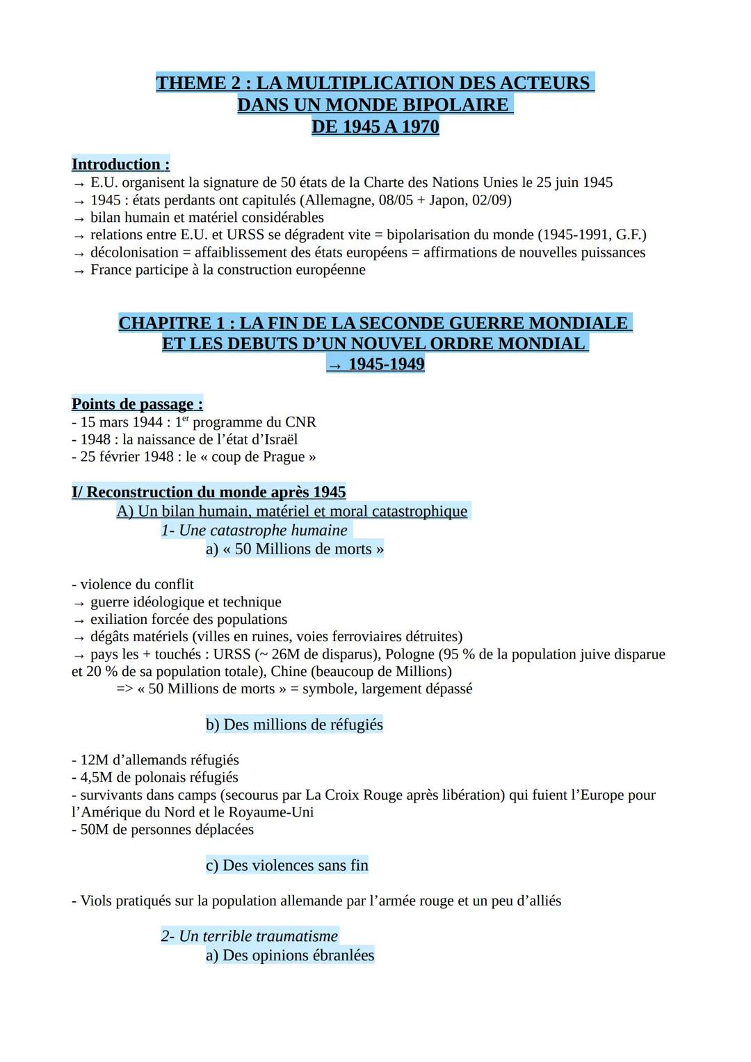 THEME 2: LA MULTIPLICATION DES ACTEURS
DANS UN MONDE BIPOLAIRE
DE 1945 A 1970
Introduction :
→ E.U. organisent la signature de 50 états de l
