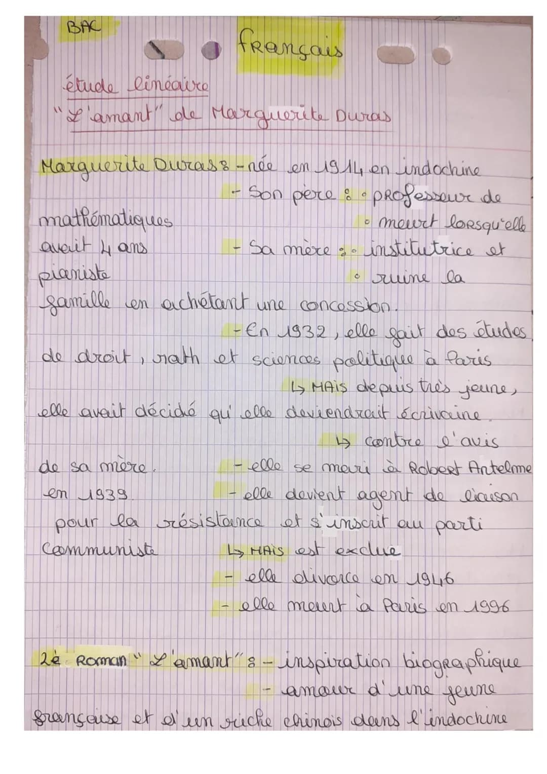 BAC
SO
étude linéaire
"L'amant" de Marguerite Duras
français-
mathématiques
avait 4 ans
Marguerite Duras8 - née en 1914, en indochine
Son pè