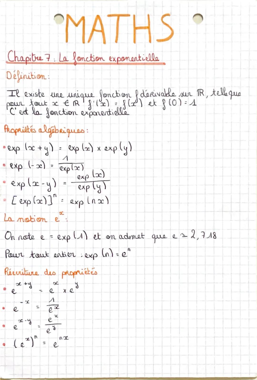 # MATHS

Chapitre 7: La fonction exponentielle

Définition:

Il existe une unique fonction Idérivable sur IR, tell que
pour tout $x \in R$ $