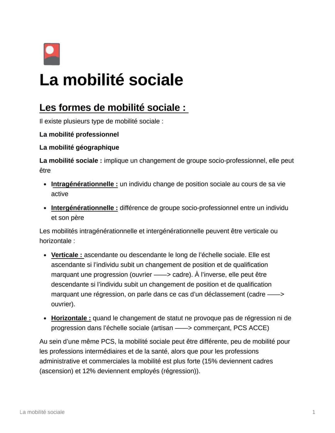 La mobilité sociale
Les formes de mobilité sociale :
Il existe plusieurs type de mobilité sociale :
La mobilité professionnel
La mobilité gé