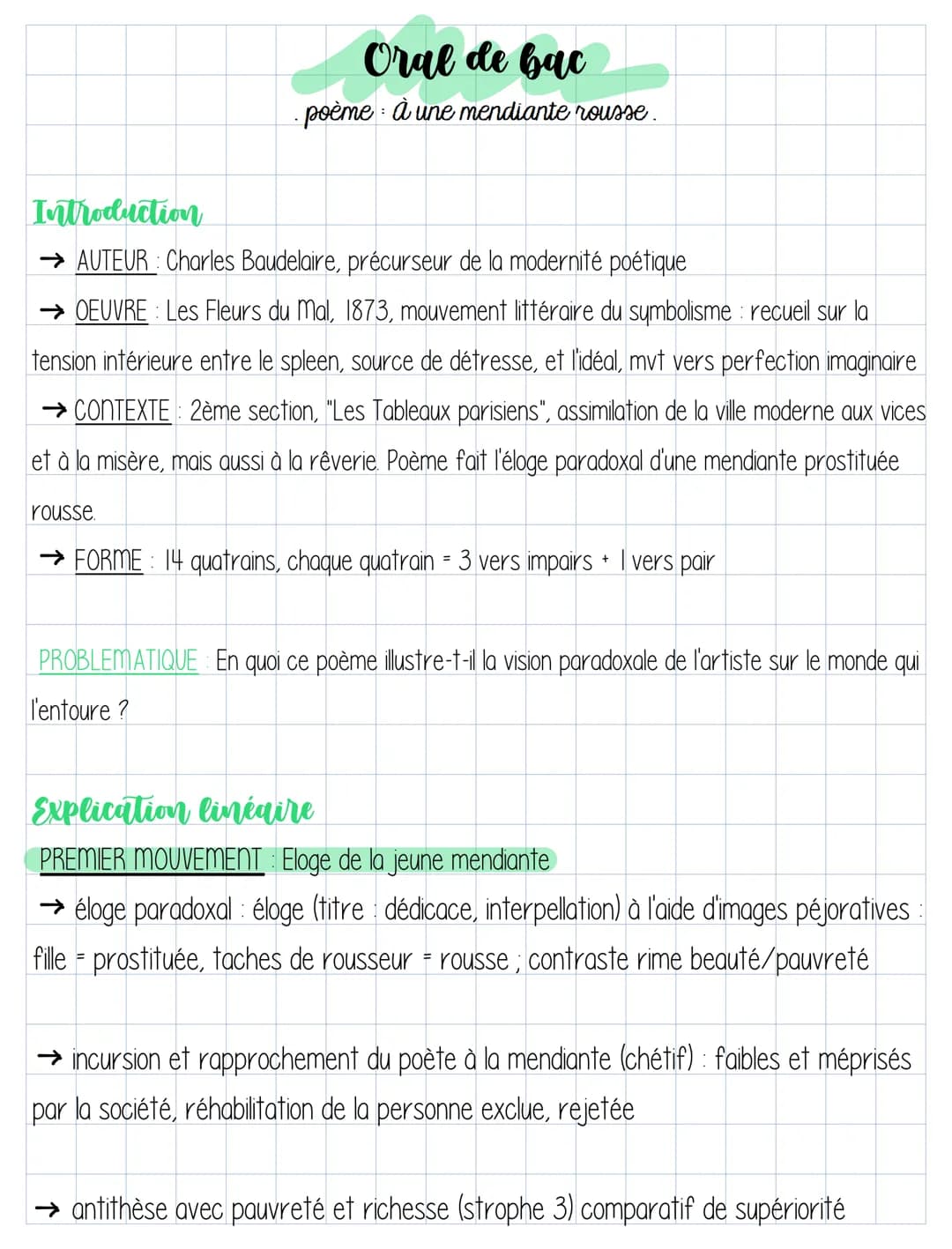 Oral de bac
· poème · À une mendiante rousse .
Introduction
→ AUTEUR : Charles Baudelaire, précurseur de la modernité poétique
→ OEUVRE Les 