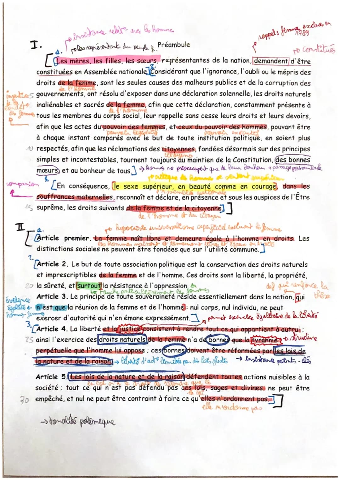 TEXTE 11: Olympe de Gouges, Déclaration des droits de la femme et
de la citoyenne, 1791
Préambule + articles 1 à 5
Intro :
La Révolution fra