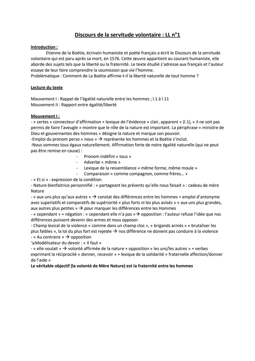 Discours de la servitude volontaire : LL n°1
Introduction :
Etienne de la Boétie, écrivain humaniste et poète français a écrit le Discours d
