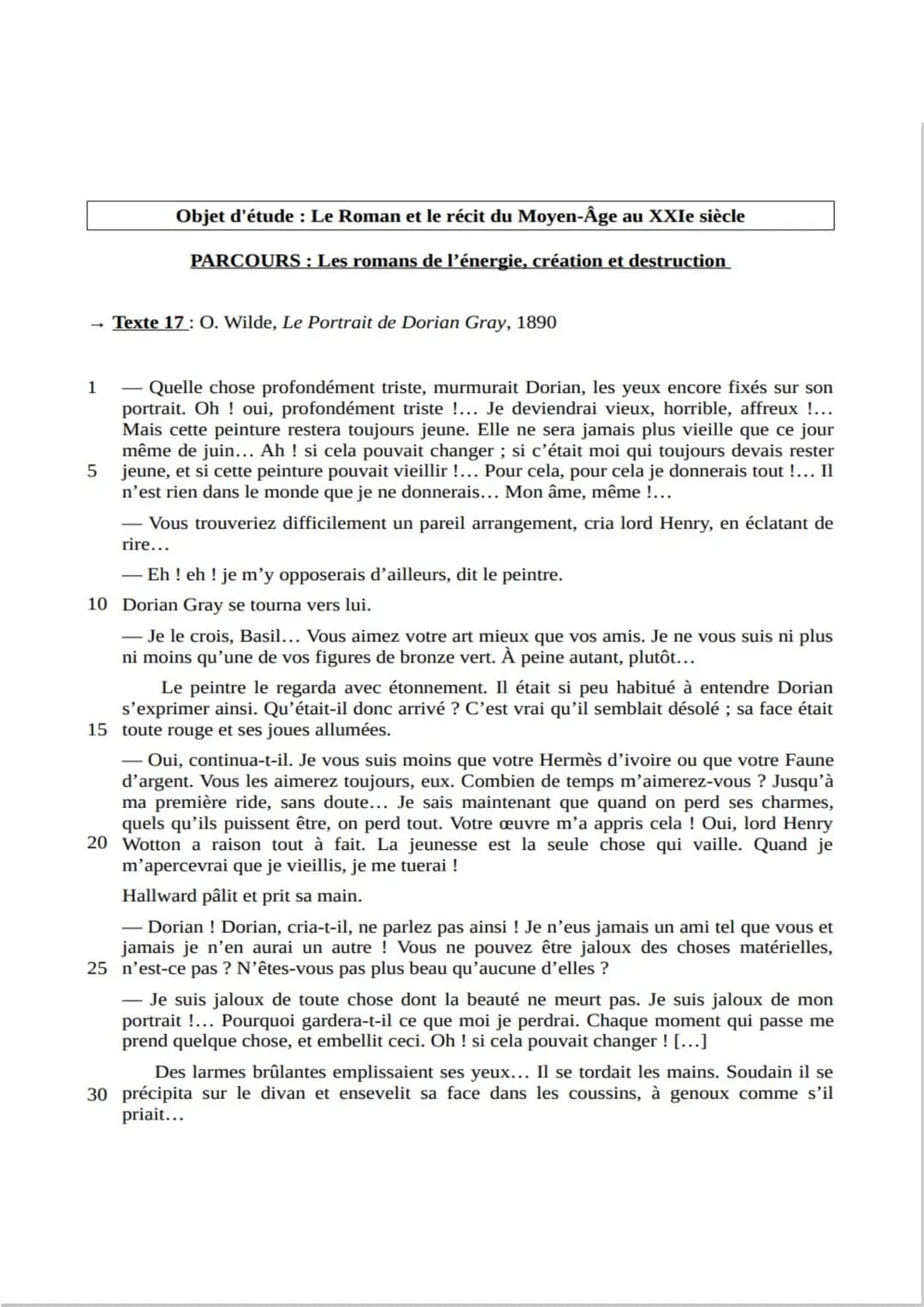 Fiche de synthèse n°17
INTRODUCTION : Oscar Wilde, écrivain irlandais de la deuxième moitié du
19e siècle, propose dans son œuvre « Le Portr