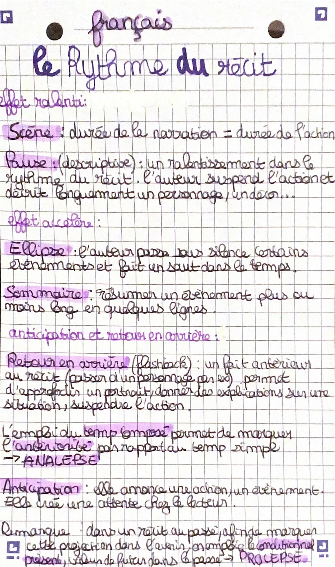 français
le Rythme du récit
flet ralenti:
Scène durée de la narration = durée de l'action
Pause
• (descriptive) : un ralentissement dans le
