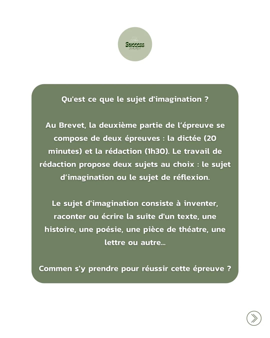 Success
With High
Le sujet
D'IMAGINATION
au brevet Success
With high
Qu'est ce que le sujet d'imagination ?
Au Brevet, la deuxième partie de