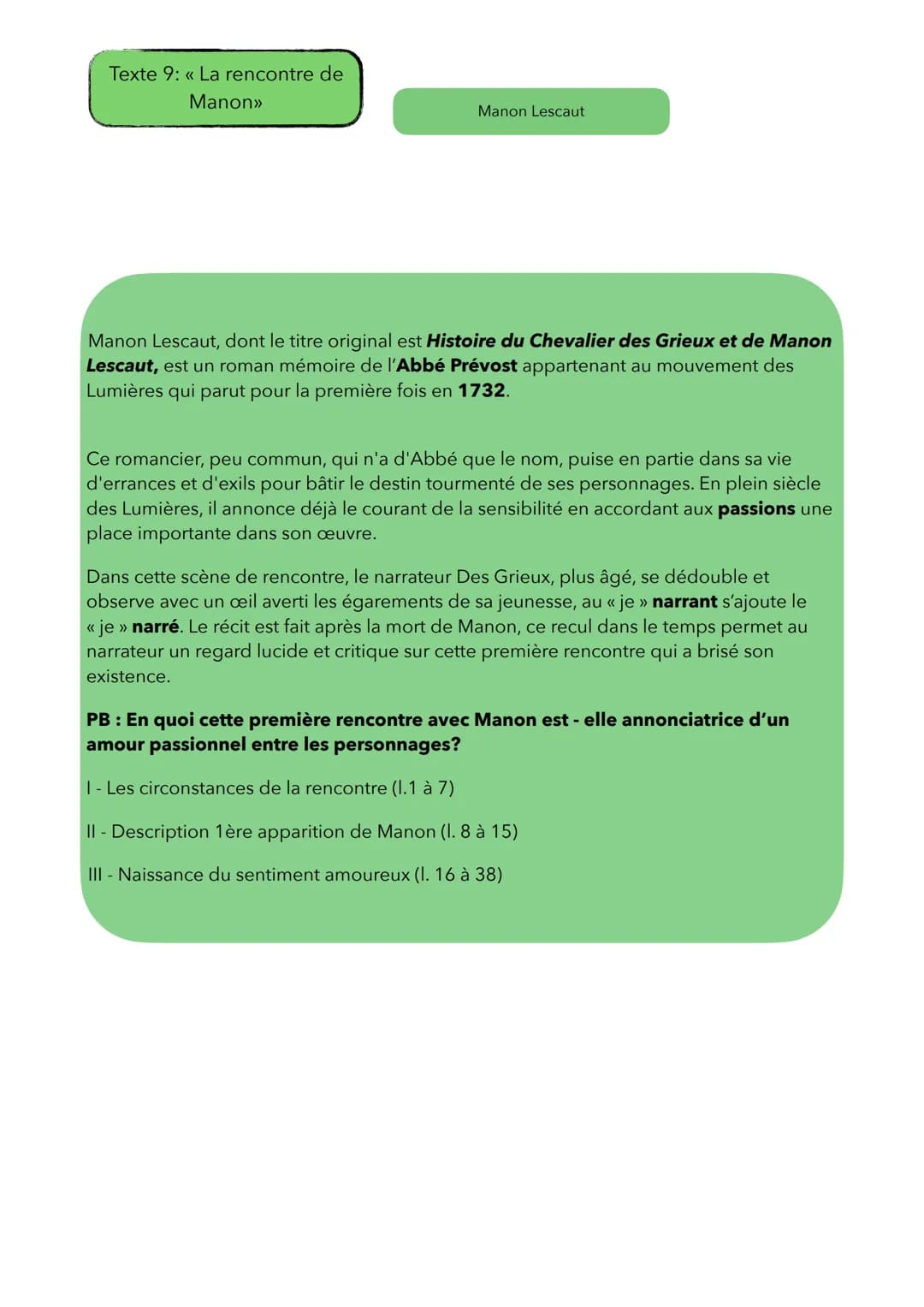 Texte 9: « La rencontre de
Manon>>
Manon Lescaut
Manon Lescaut, dont le titre original est Histoire du Chevalier des Grieux et de Manon
Lesc