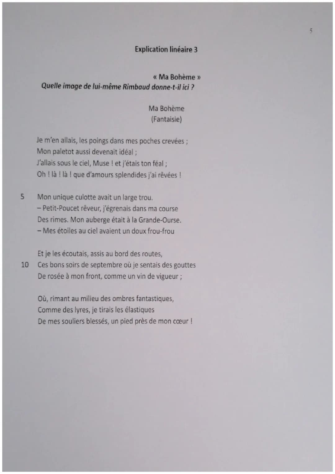 5
10
Explication linéaire 3
<< Ma Bohème >>
Quelle image de lui-même Rimbaud donne-t-il ici ?
Ma Bohème
(Fantaisie)
Je m'en allais, les poin