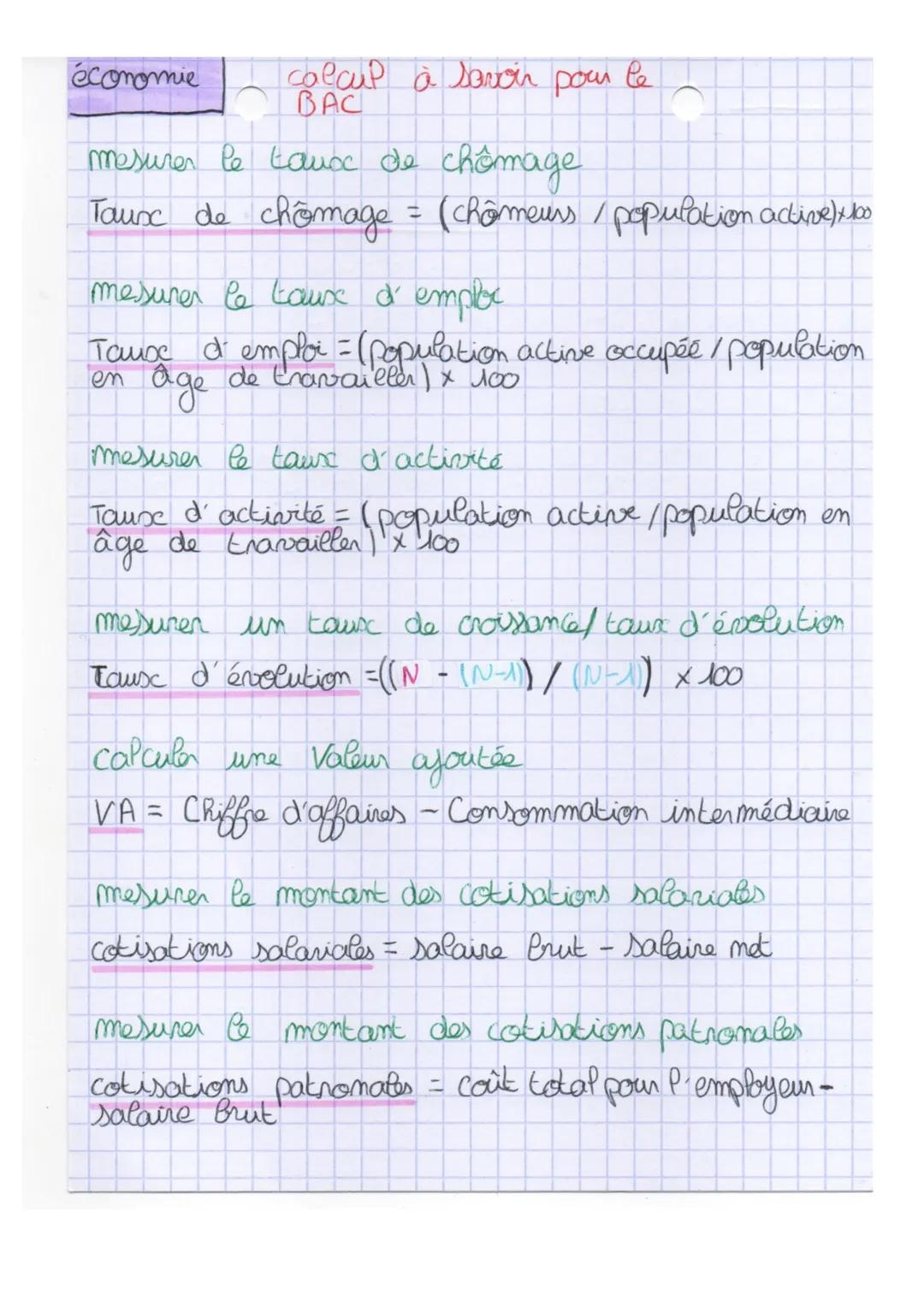 économie
calcul à savoir pour le
BAC
mesurer le tauoc de chômage
Taux de chômage = (chômeurs / population active) xbo
mesurer le toure d' em