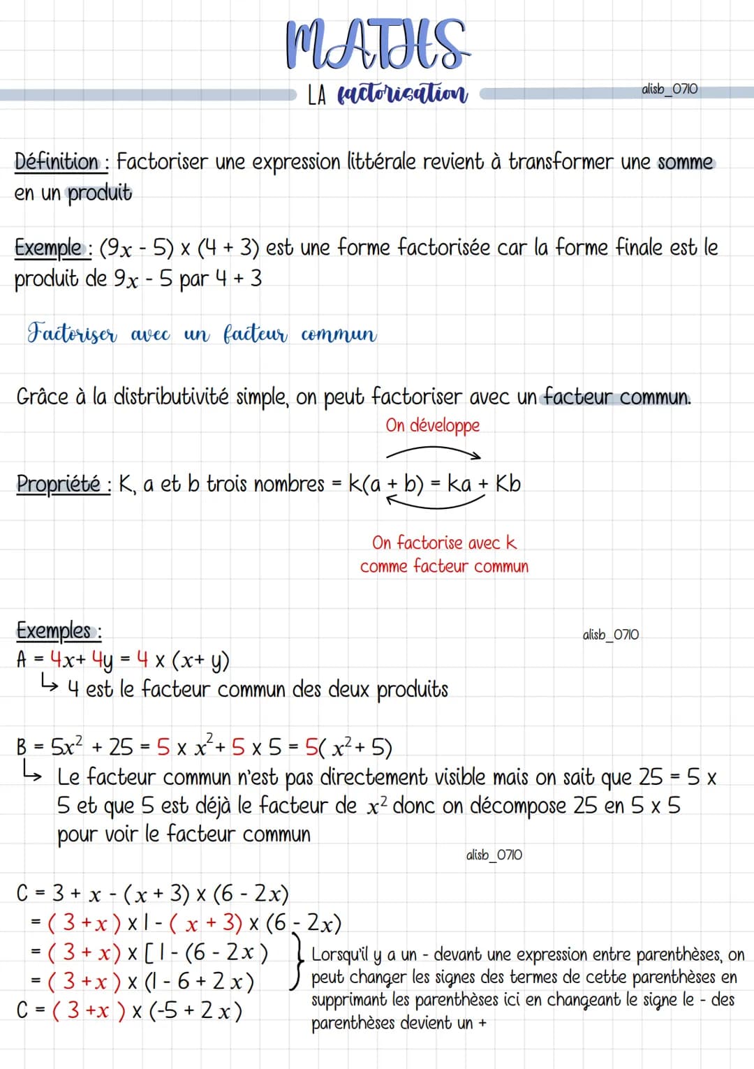 MATHS
LA factorication
Définition: Factoriser une expression littérale revient à transformer une somme
en un produit
Exemple: (9x - 5) x (4 