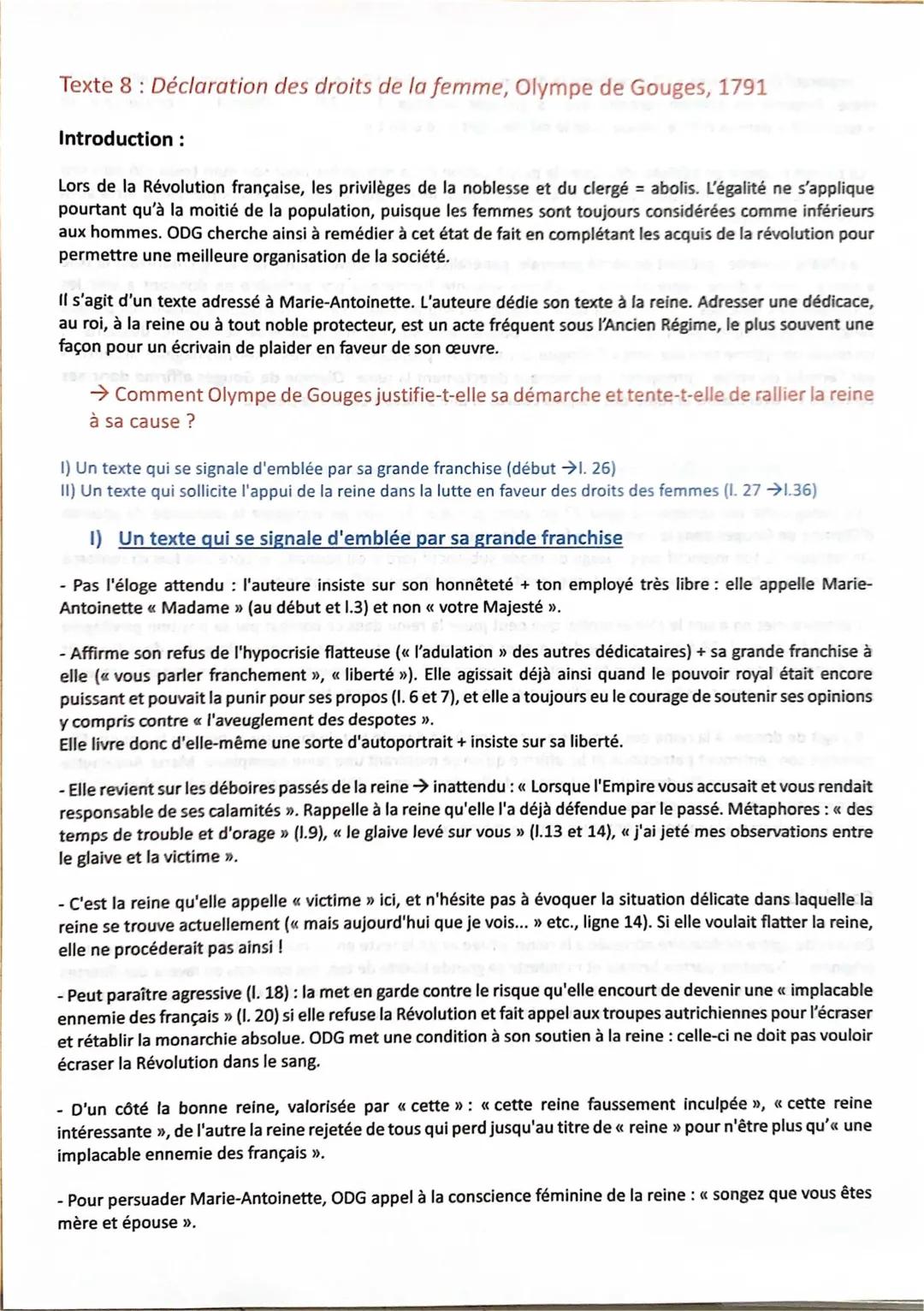 Préambule et Postambule de la Déclaration des droits de la femme par Olympe de Gouges - Analyse Linéaire et Résumé