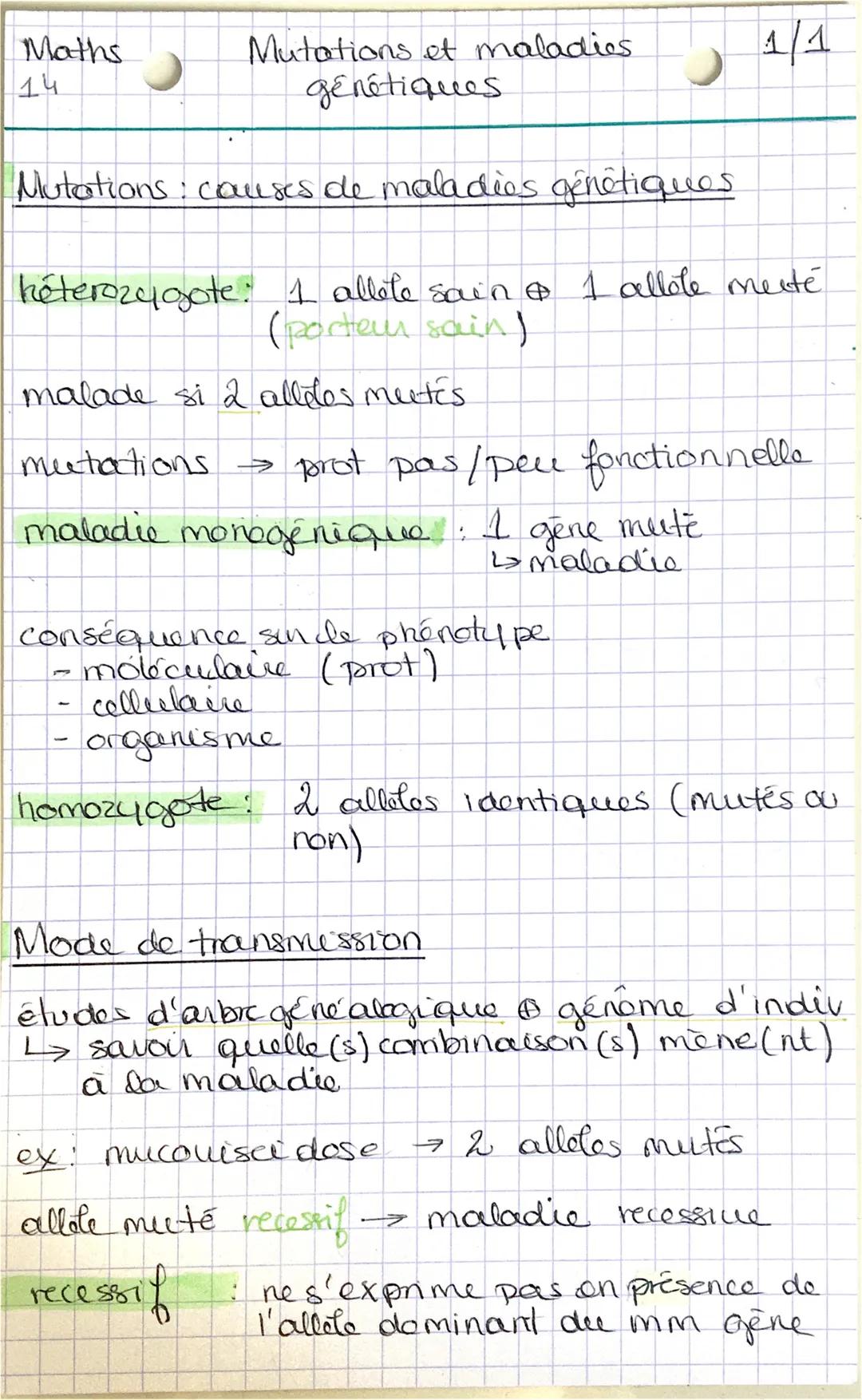 Maths
14
Mutations et maladies
génétiques
Mutations causes de maladies génétiques
héterozygote: 1 allote sain & 1 allole merté
(portem sain)