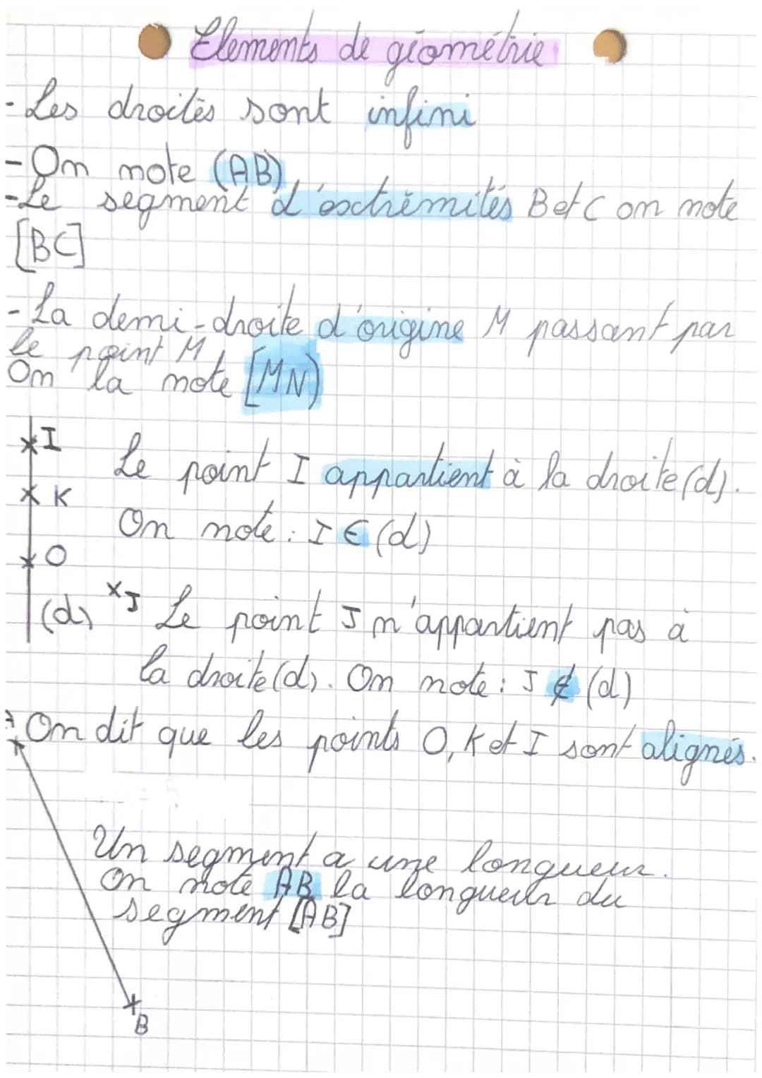 ● Elements de géométrie
- Les droites sont infini
-Om mote (AB),
Le segment I'extremites Bet Com note
M
- La demi-droite d'origine 4 passant