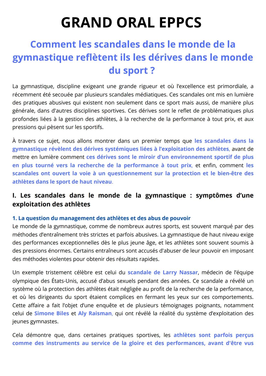 # GRAND ORAL EPPCS

Comment les scandales dans le monde de la
gymnastique reflètent ils les dérives dans le monde
du sport ?

La gymnastique