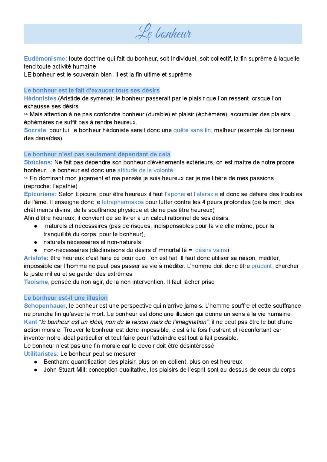 Le bonheur - Fiche bac