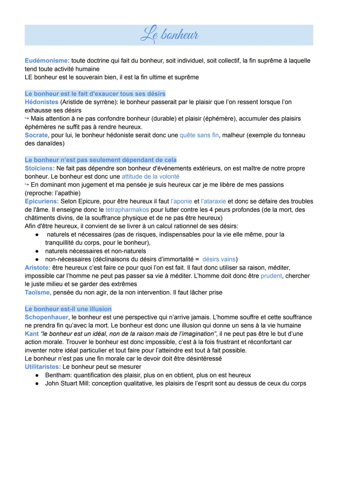 Le bonheur
Eudémonisme: toute doctrine qui fait du bonheur, soit individuel, soit collectif, la fin suprême à laquelle
tend toute activité h